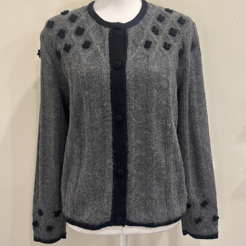 Deirdre McGuire Alpaca Wool Cardigan Gray Black Floral 3D Knit Ireland Cottage L